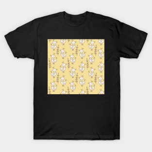 Chicken in the meadow in soft buttery yellow and chocolate brown T-Shirt